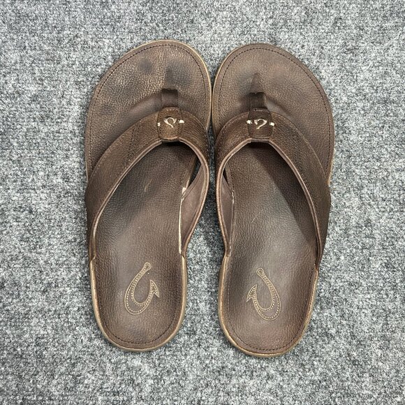 OluKai NUI Flip Flops Men's Size 10 Brown Leather Outdoor Beach Thong Sandals - Picture 8 of 11